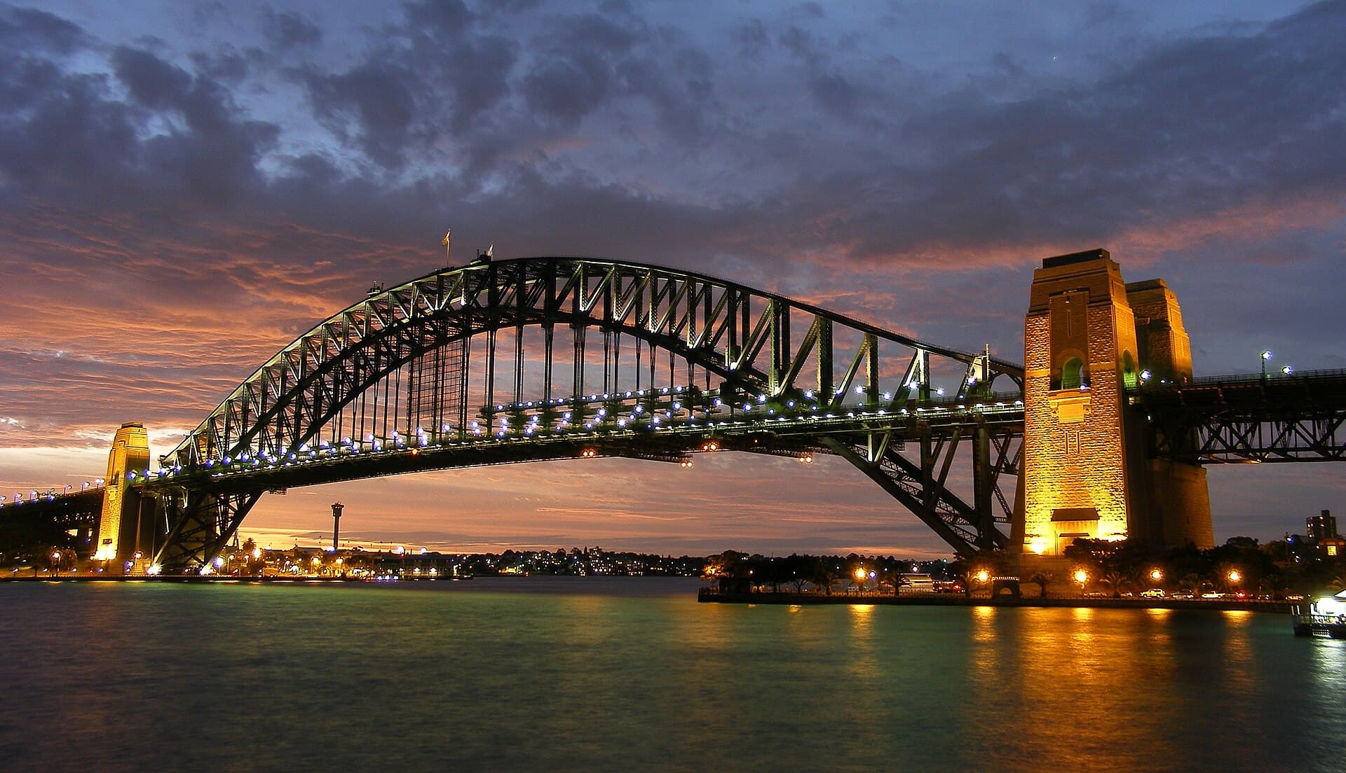 Sydney Harbour Bridge over the water at dusk